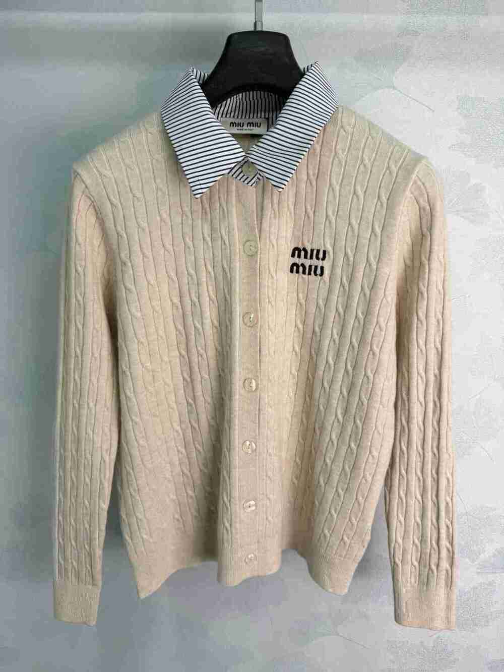 Miu Miu Cable Knit Collared Shirt Layer Cardigan